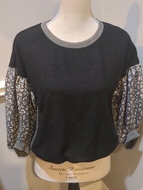 THML Black Pullover with Patterned Puff Sleeves